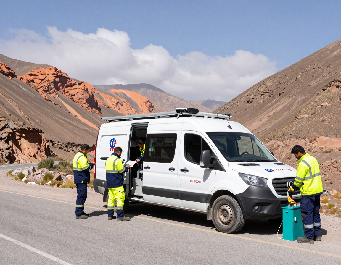 Tres trabajadores con chalecos reflectantes inspeccionan una furgoneta blanca en una carretera de montaña.