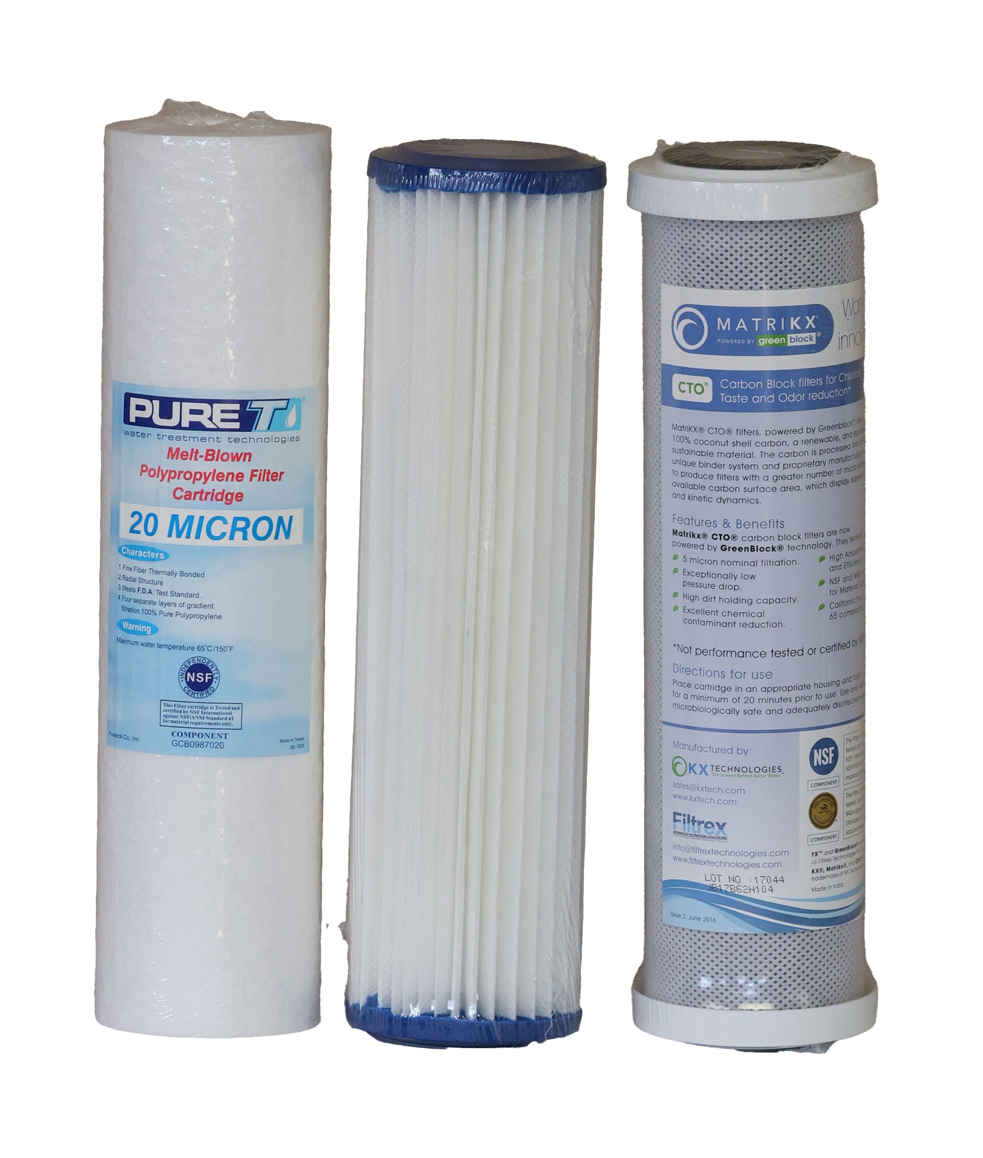 Three different types of water filters are sitting next to each other on a white background.