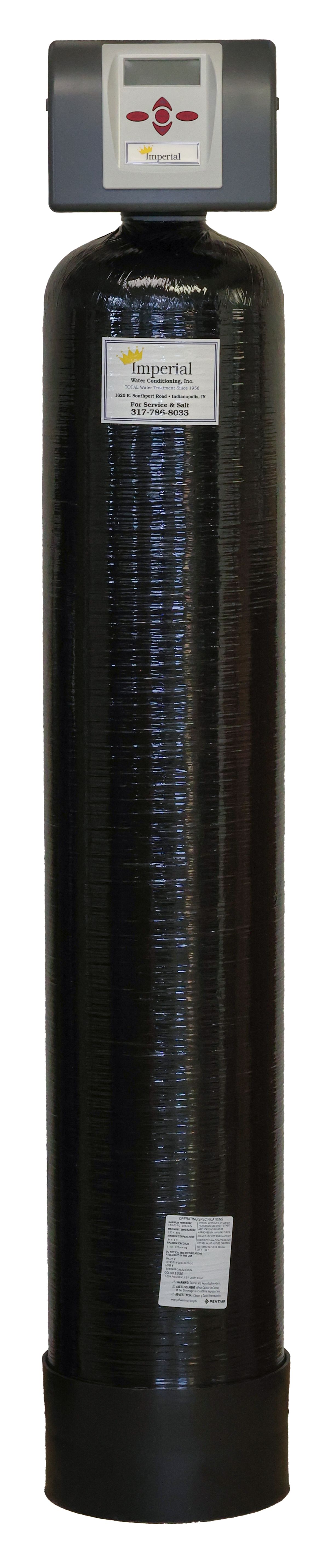 A black water filter is sitting on top of a white surface.
