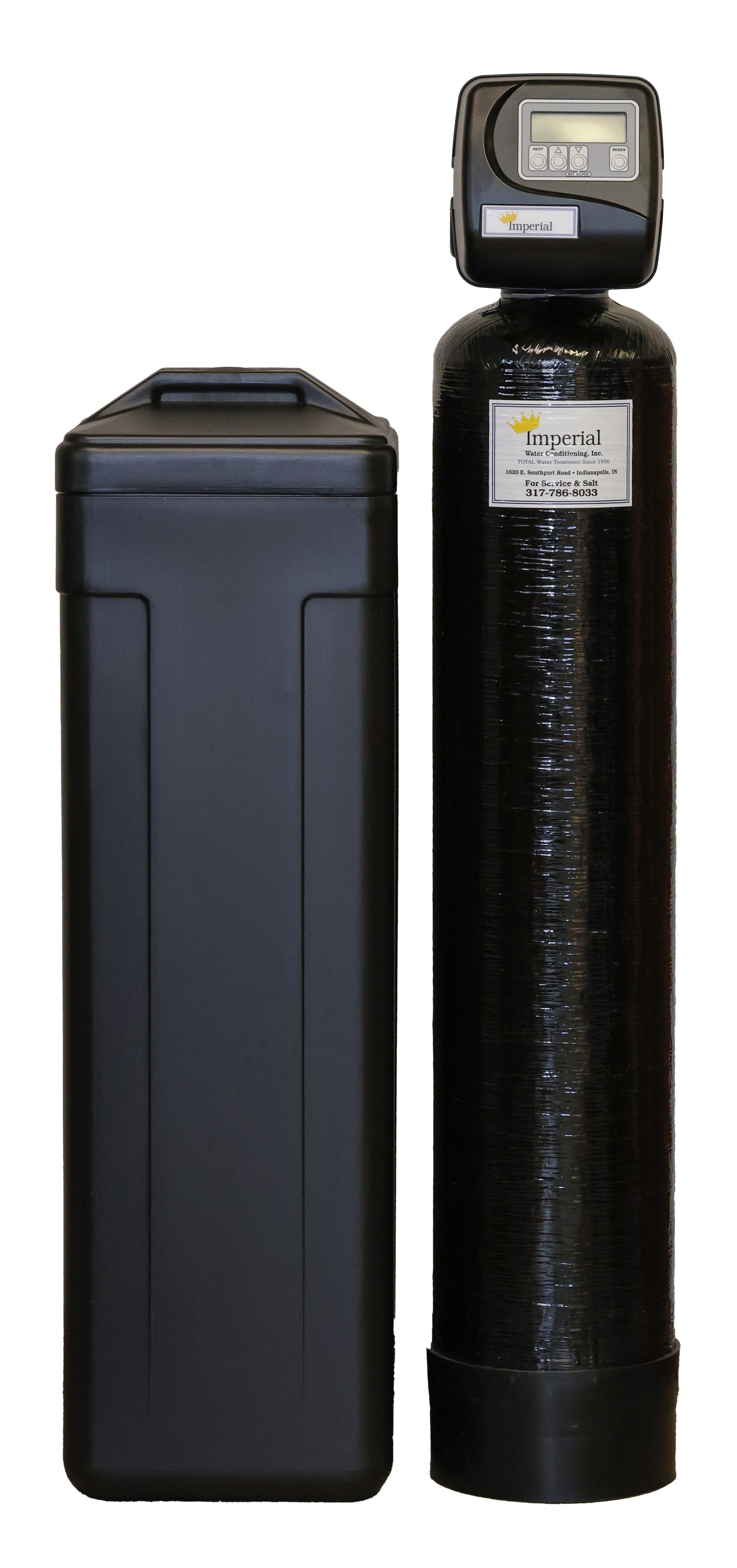 A black water softener is sitting next to a black box on a white background.