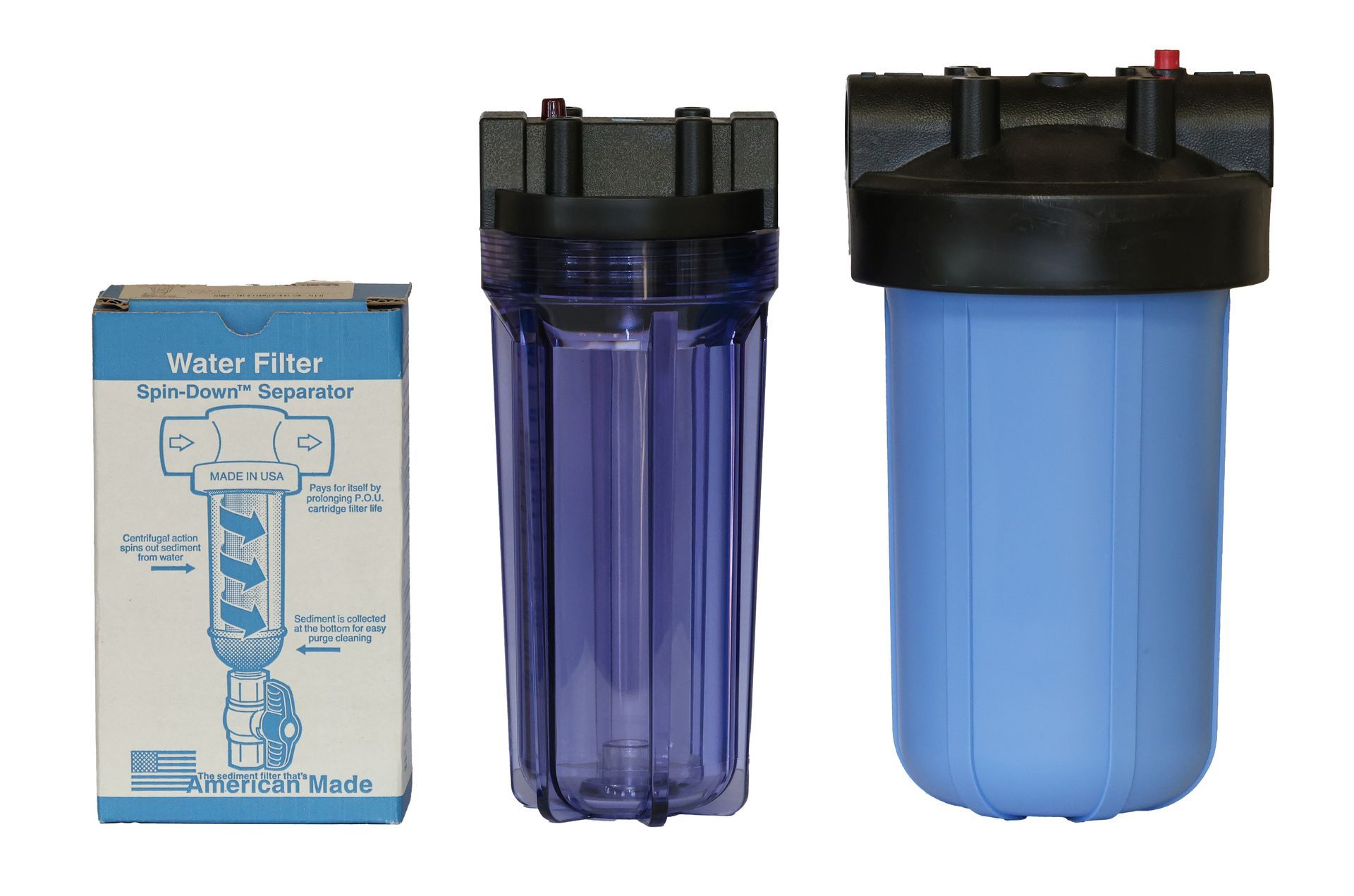 Two water filter housings are sitting next to each other on a white background.