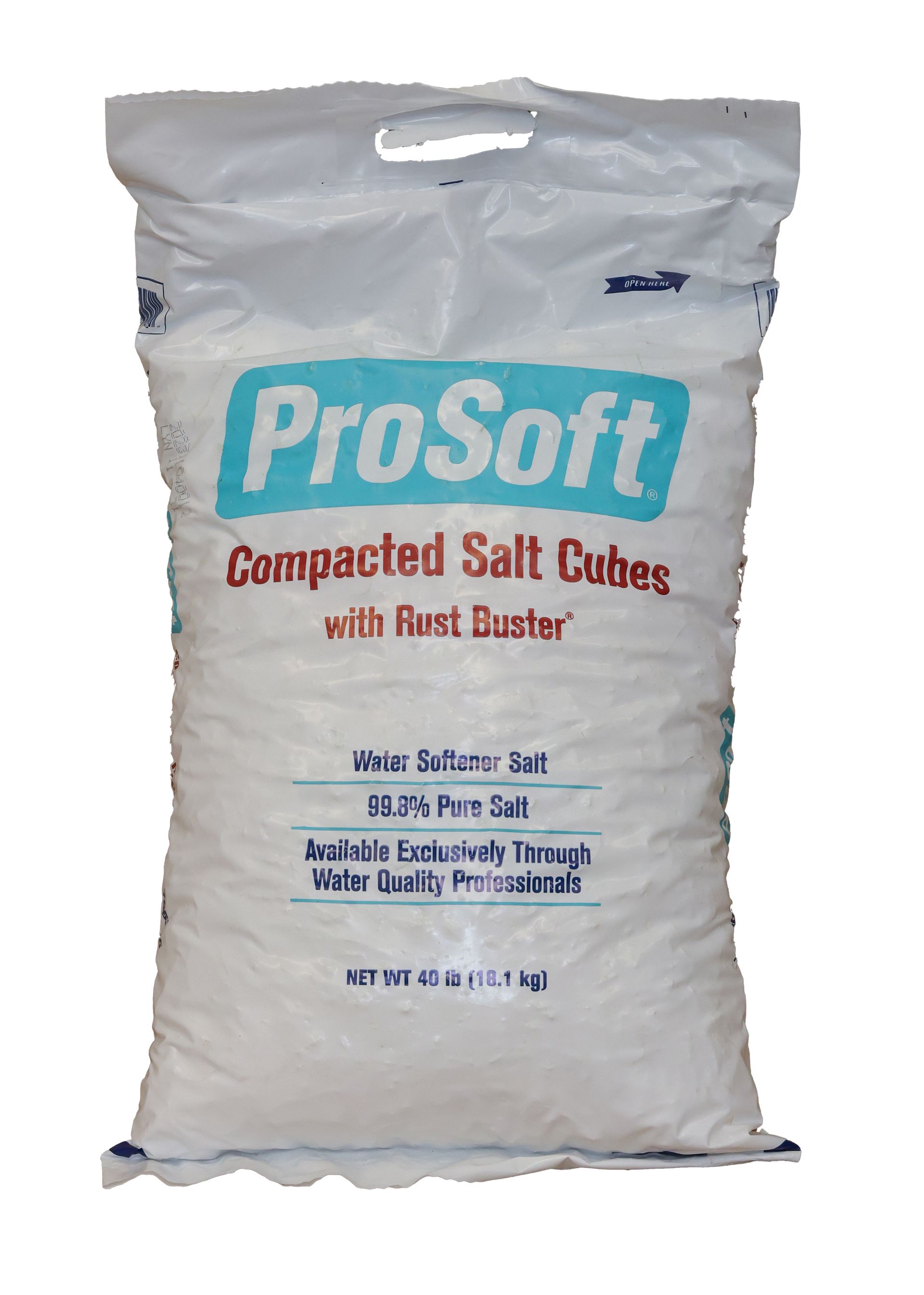 A bag of prosoft compacted salt cubes with rust buster