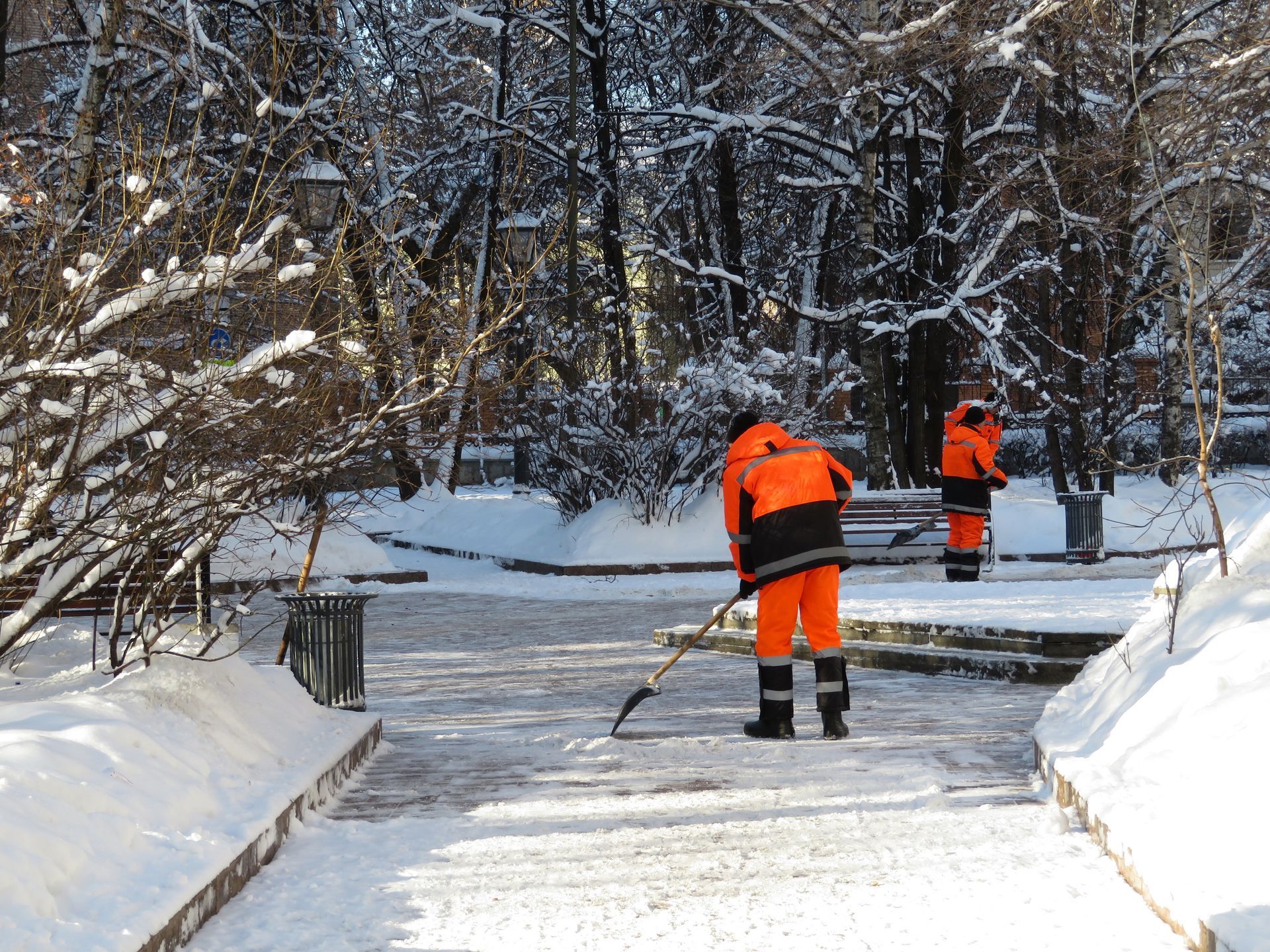Two workers in bright orange safety gear clear snow from a park path on a sunny winter day.
