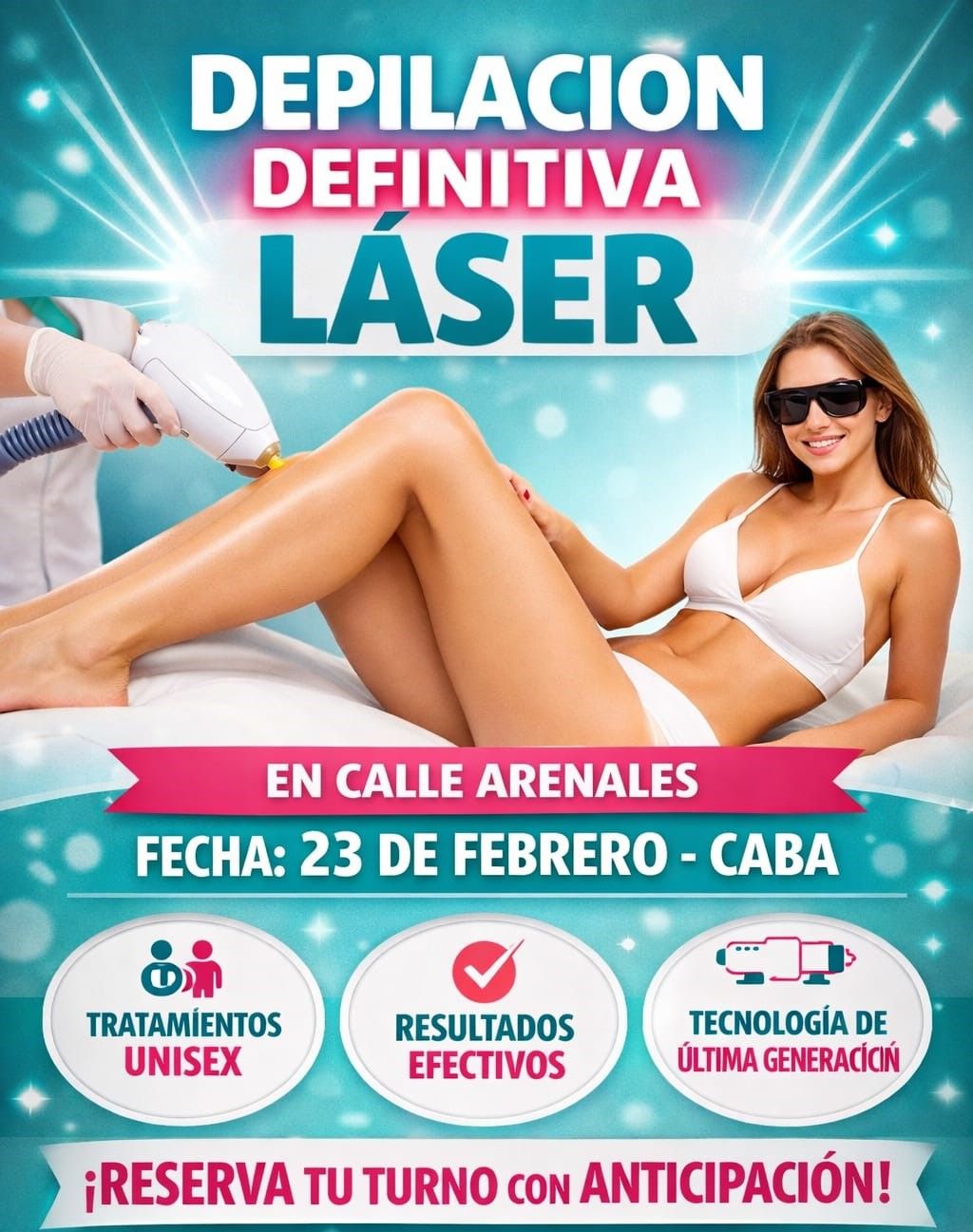 Anuncio de depilación láser. Mujer recibiendo tratamiento en la pierna, texto promocionando servicios en la calle Arenales