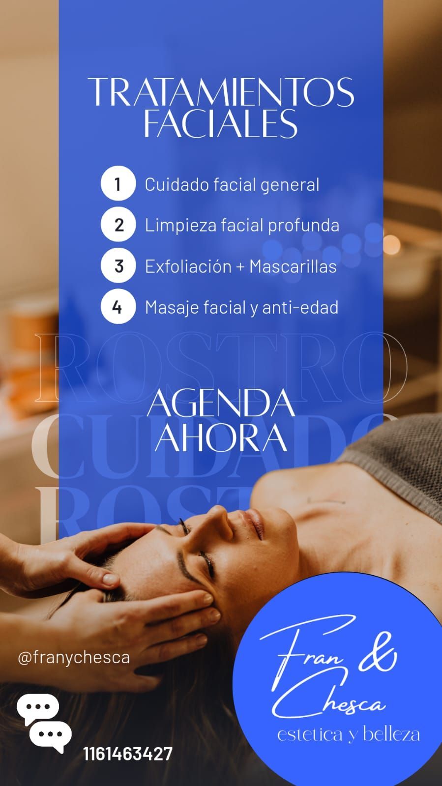 Cartel de tratamientos faciales de spa en azul y dorado, con manos sobre el rostro de una mujer y el texto “Agenda ahora”.