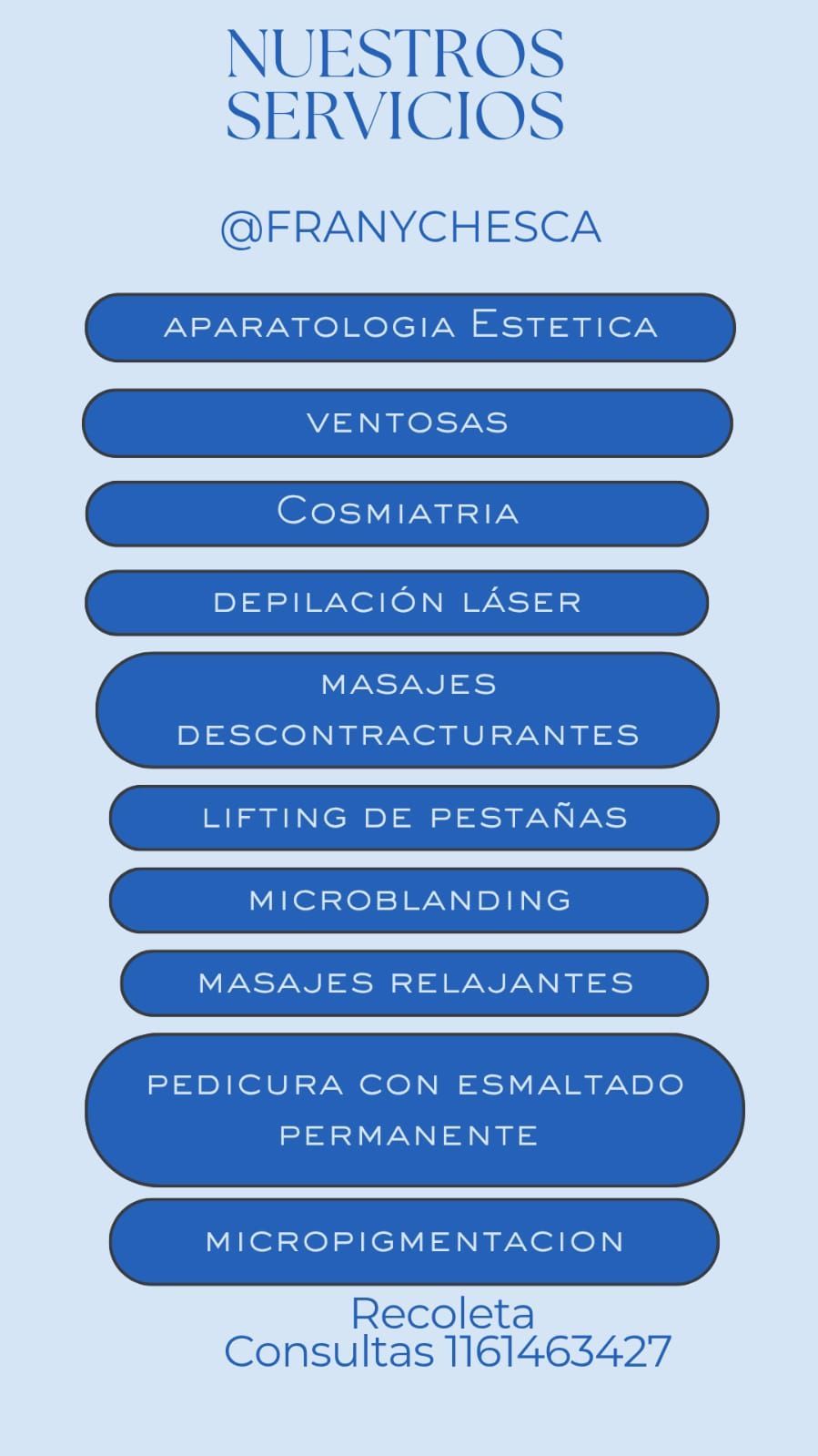 Servicios de @franychesca con lista azul de tratamientos estéticos y contacto telefónico.