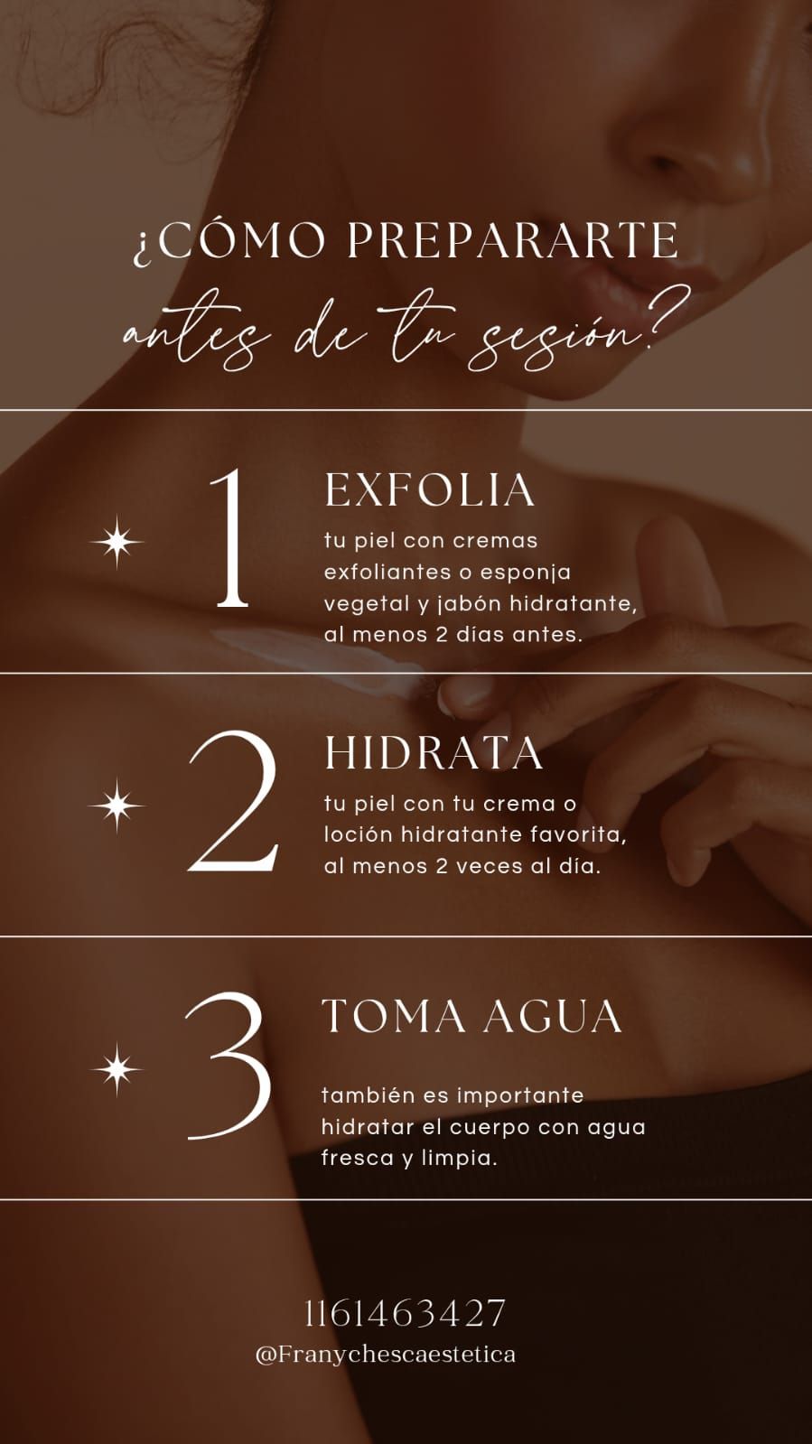 Infografía en tonos marrones con 3 pasos de belleza: exfoliar, hidratar y beber agua.