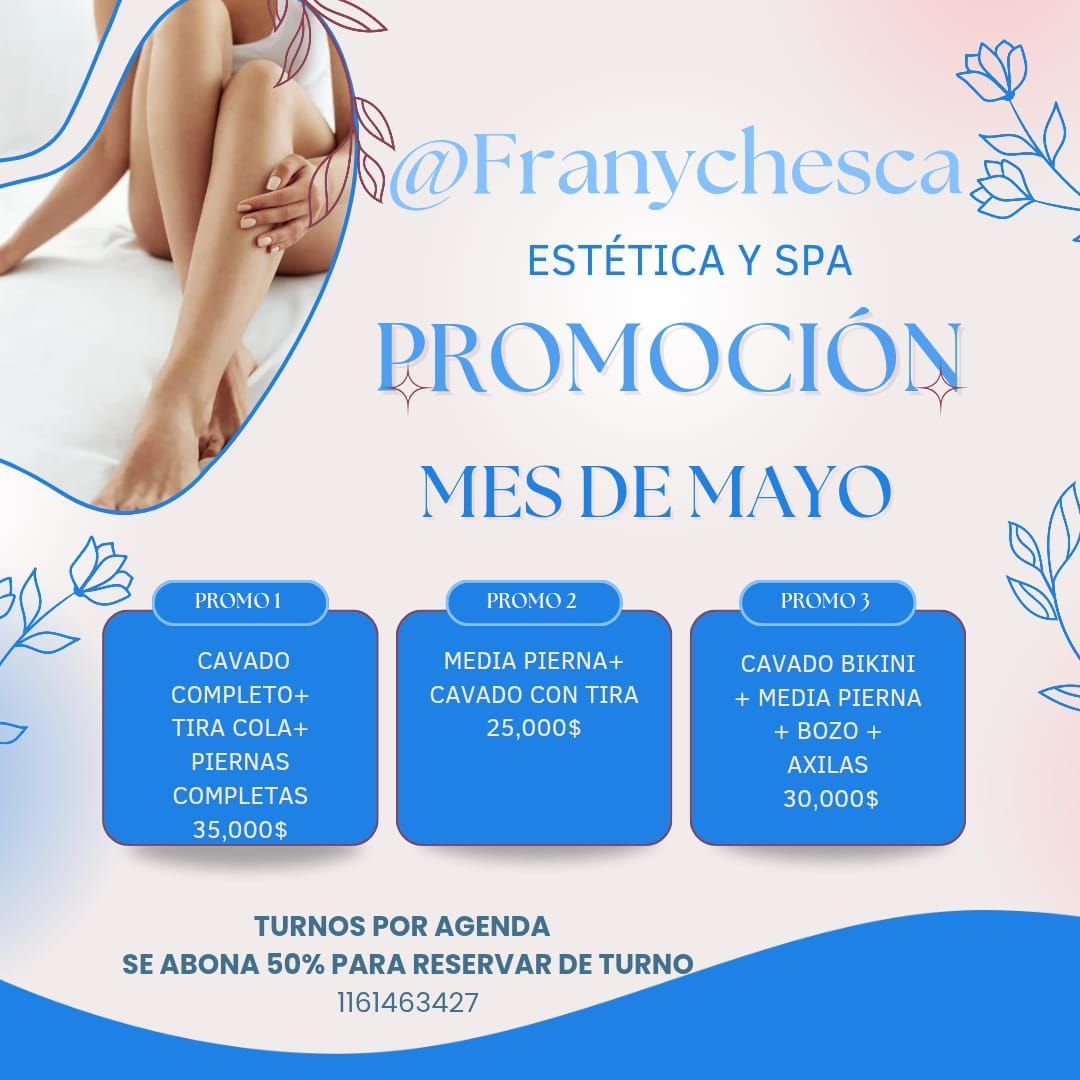 Promoción de spa en azul y blanco con tres paquetes de mayo y precios