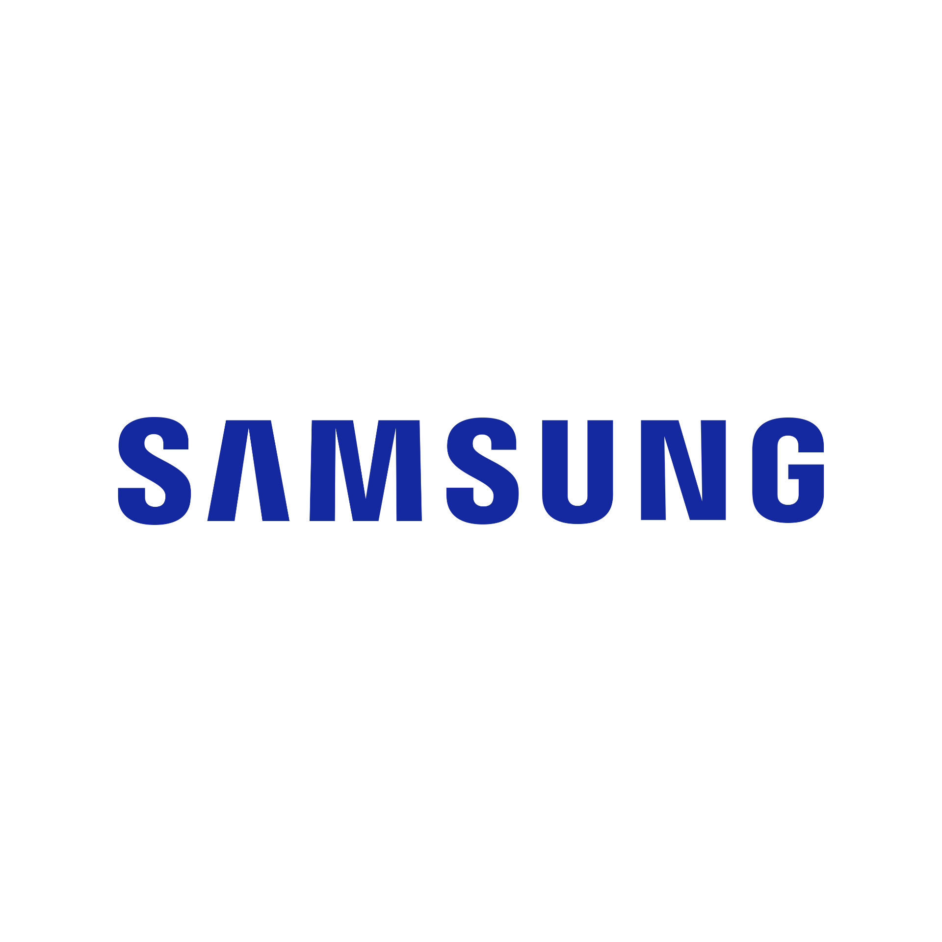 Samsung logo in blue against a white background.