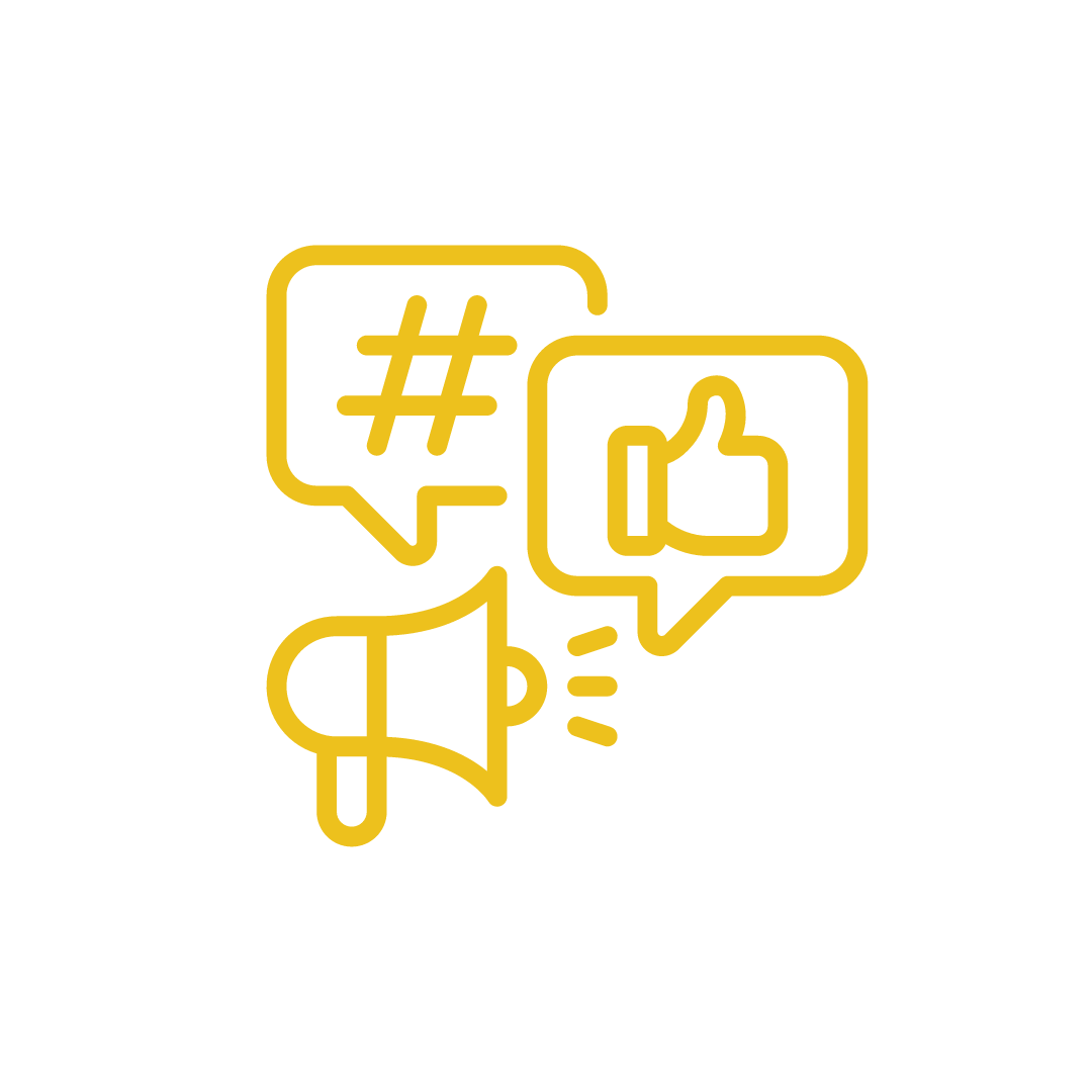 Yellow icon: megaphone, speech bubbles with a hashtag and thumbs-up, representing social media promotion.