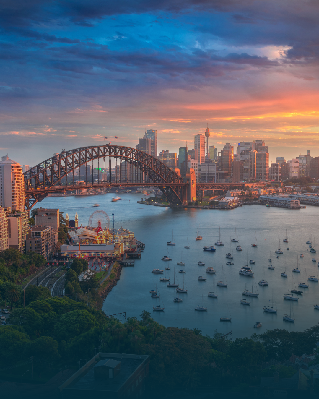 Sydney Harbour at sunset, with bridge, city skyline, boats, and colorful sky.