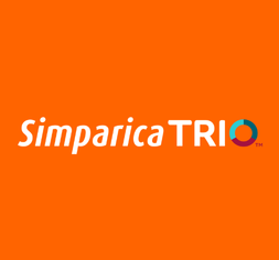 Simparica TRIO logo on orange background, featuring white text and a stylized circle with blue, green, and red segments.