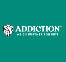 Addiction pet food logo: shield with pet silhouettes, brand name, slogan on teal background.