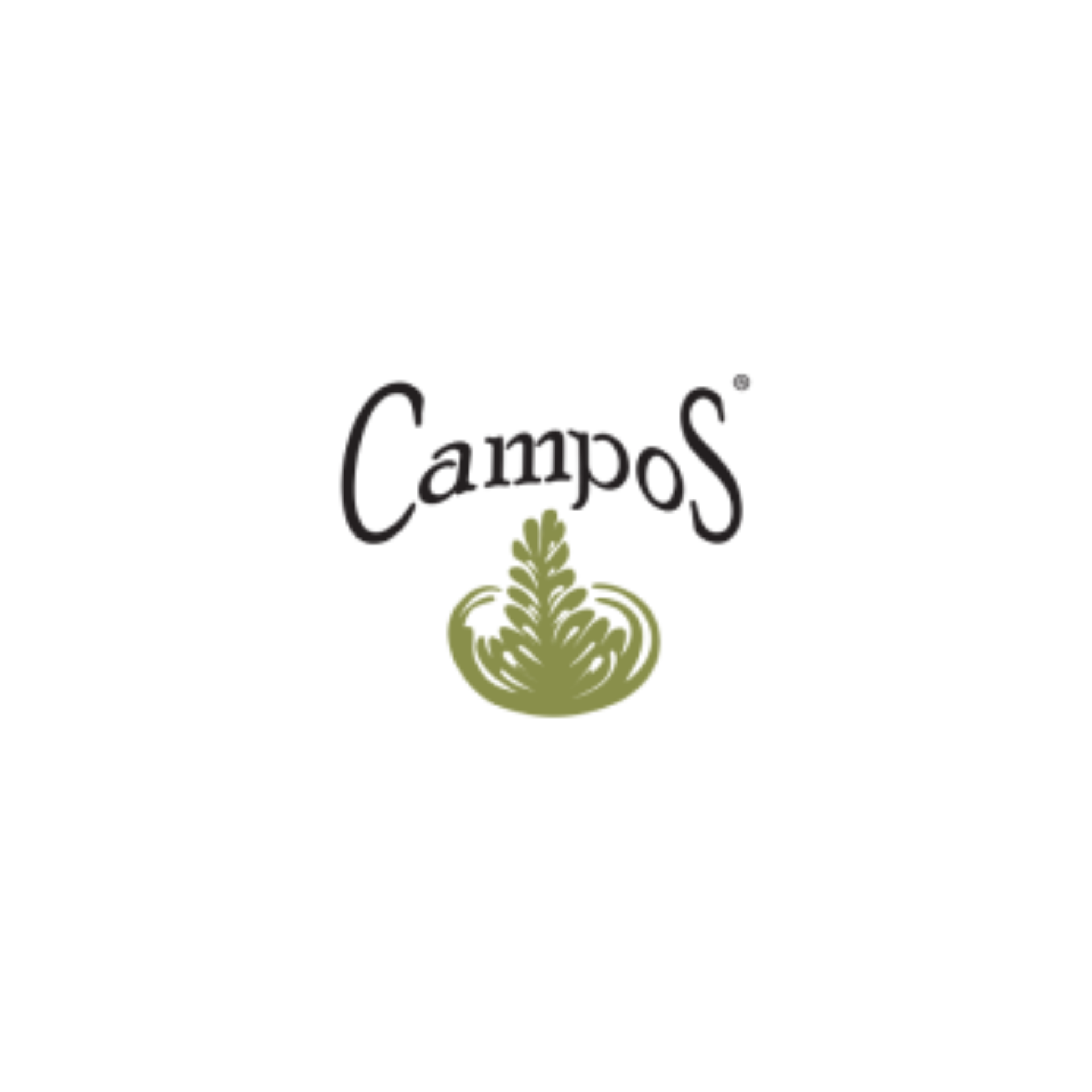 Logo for Campos coffee: black script with a green leaf-like design underneath.