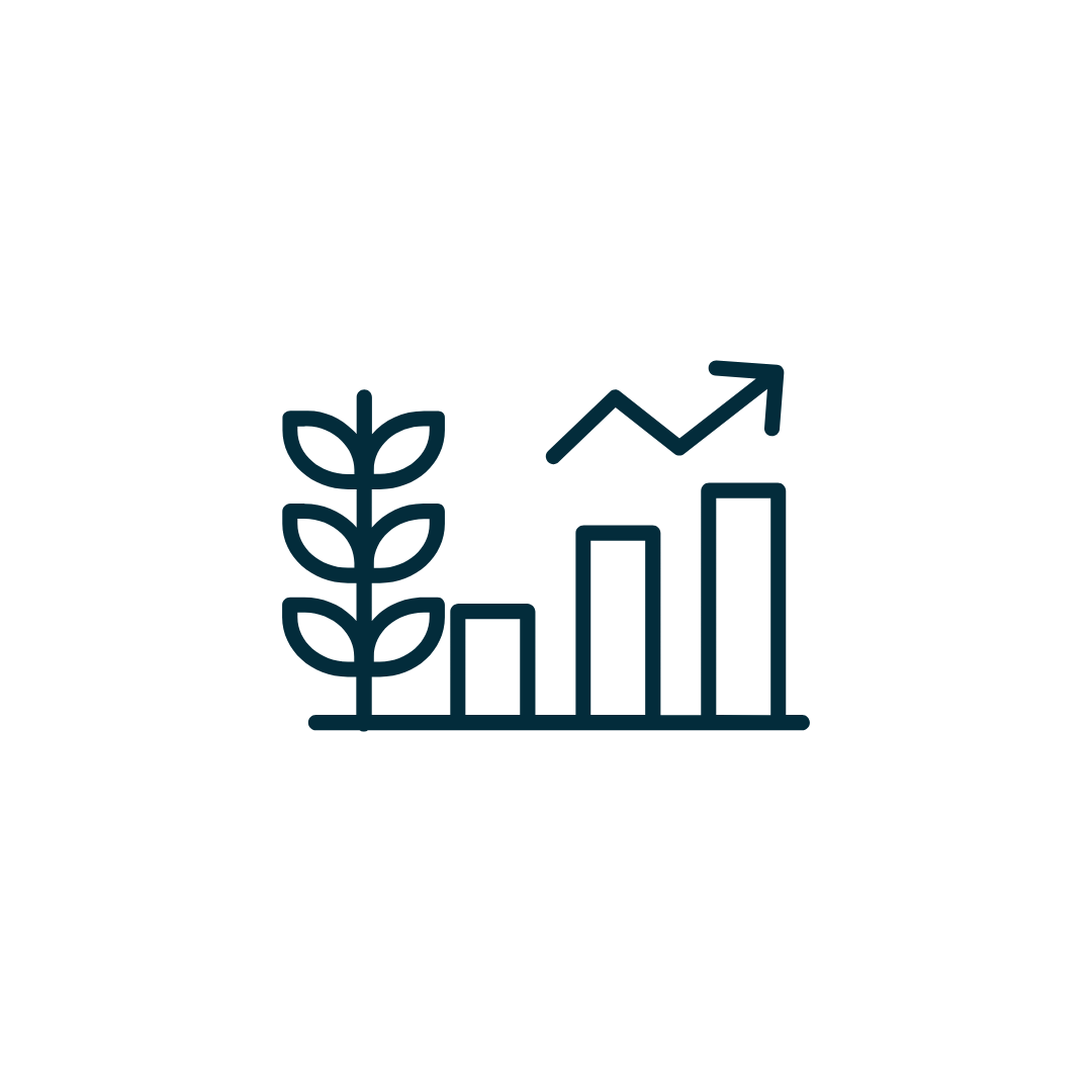Wheat stalk beside a bar graph with an upward-trending arrow.