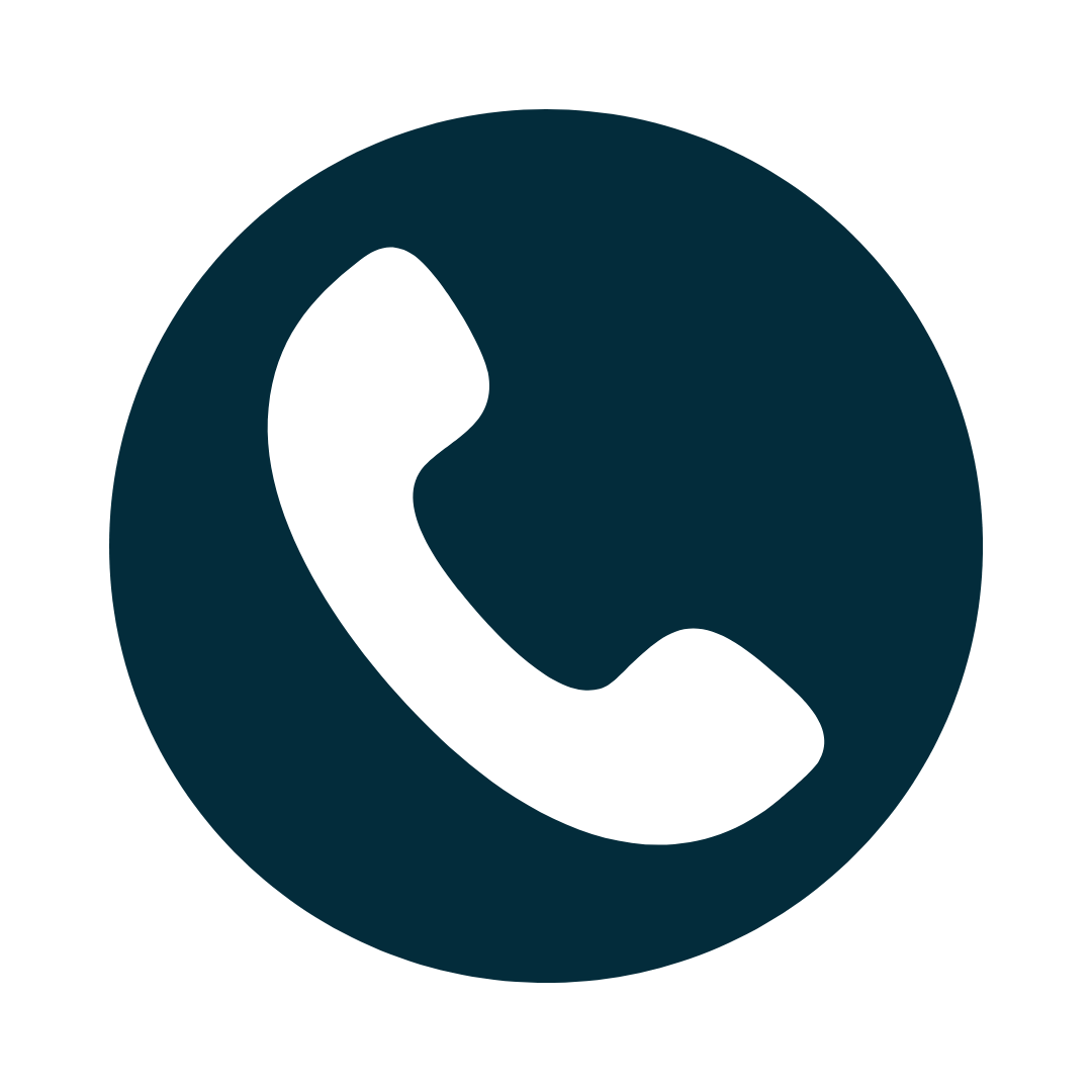 White telephone receiver icon in a dark blue circle.