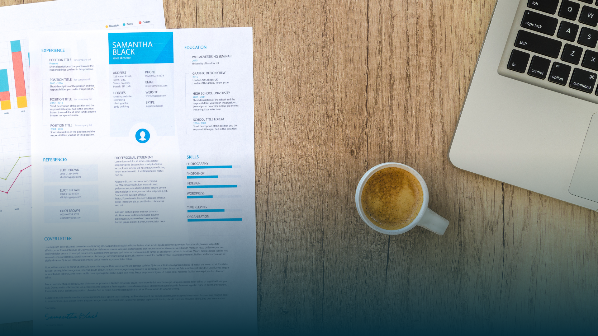 Resume, laptop, and coffee cup on a wooden table; business-related workspace.