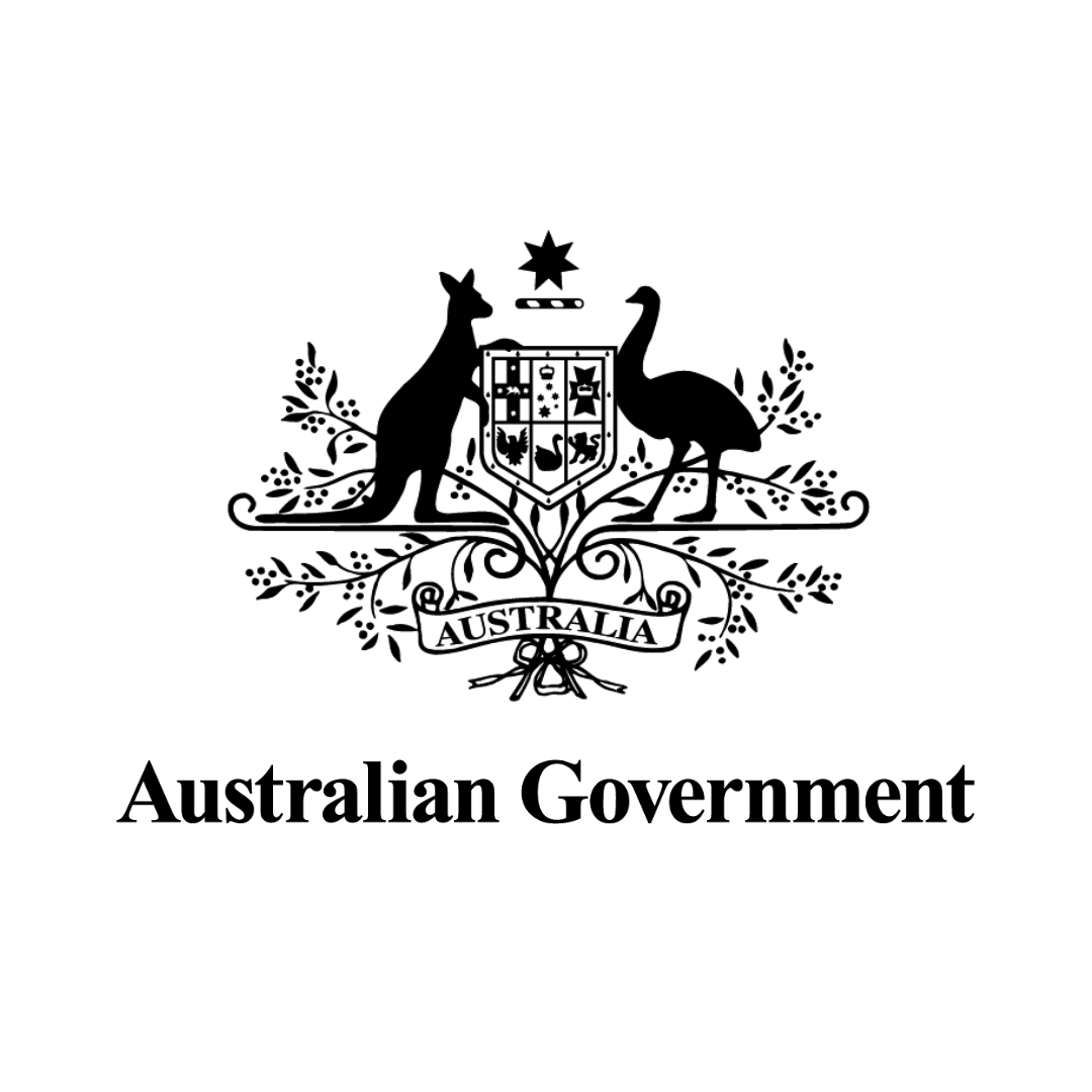Australian Government emblem with kangaroo, emu, shield and text.