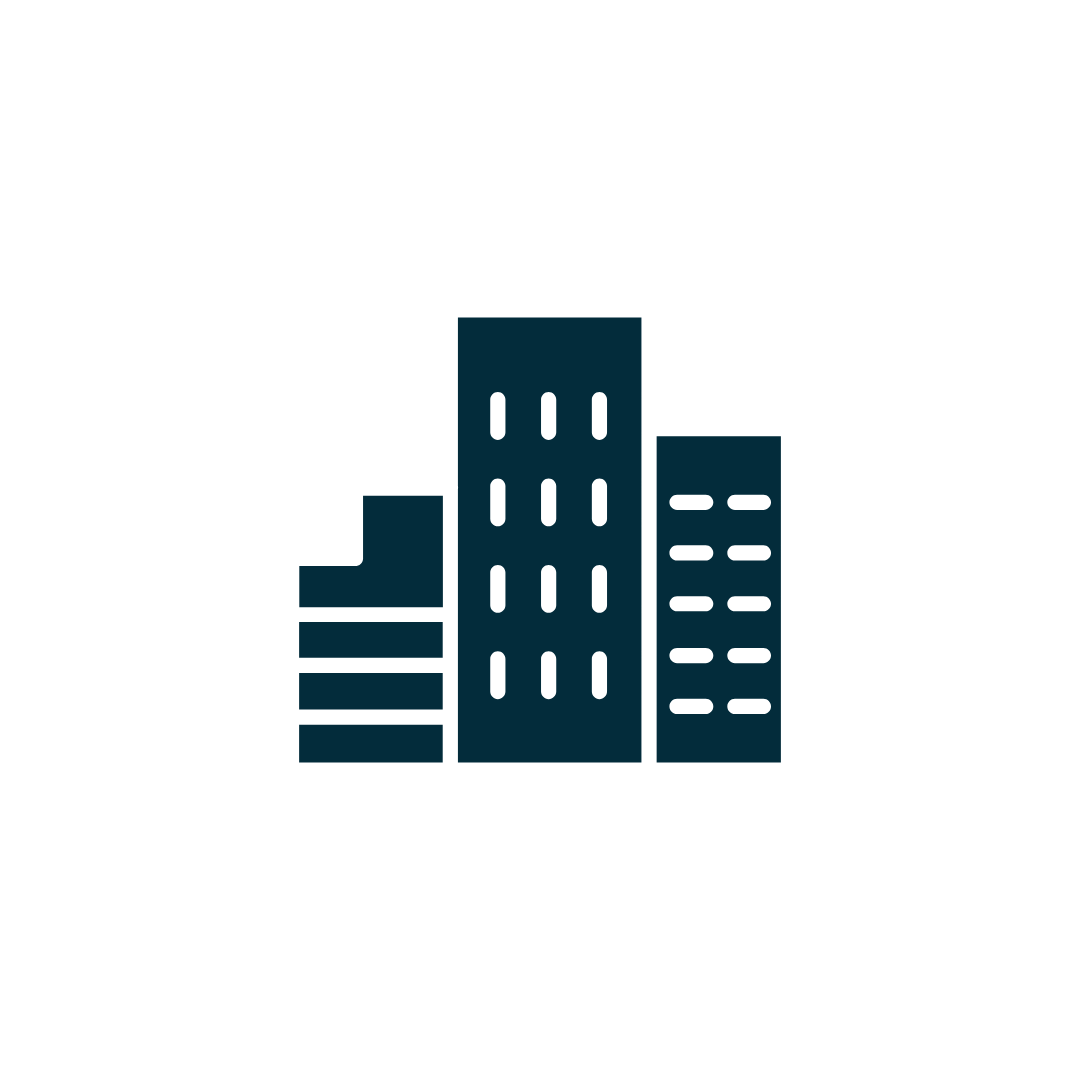 Three dark blue stylized buildings against a white background.