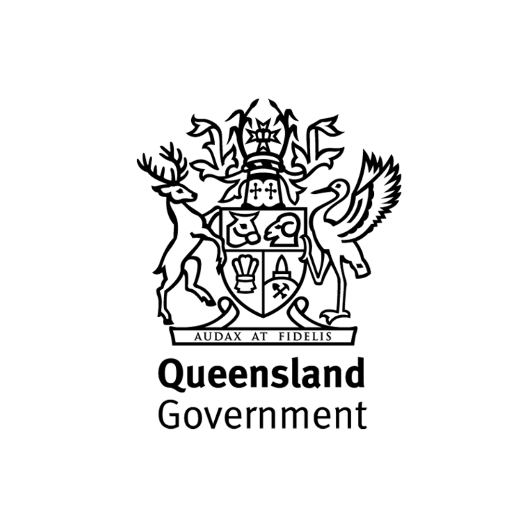 Queensland Government coat of arms with a deer, crane, and shield. Text reads 