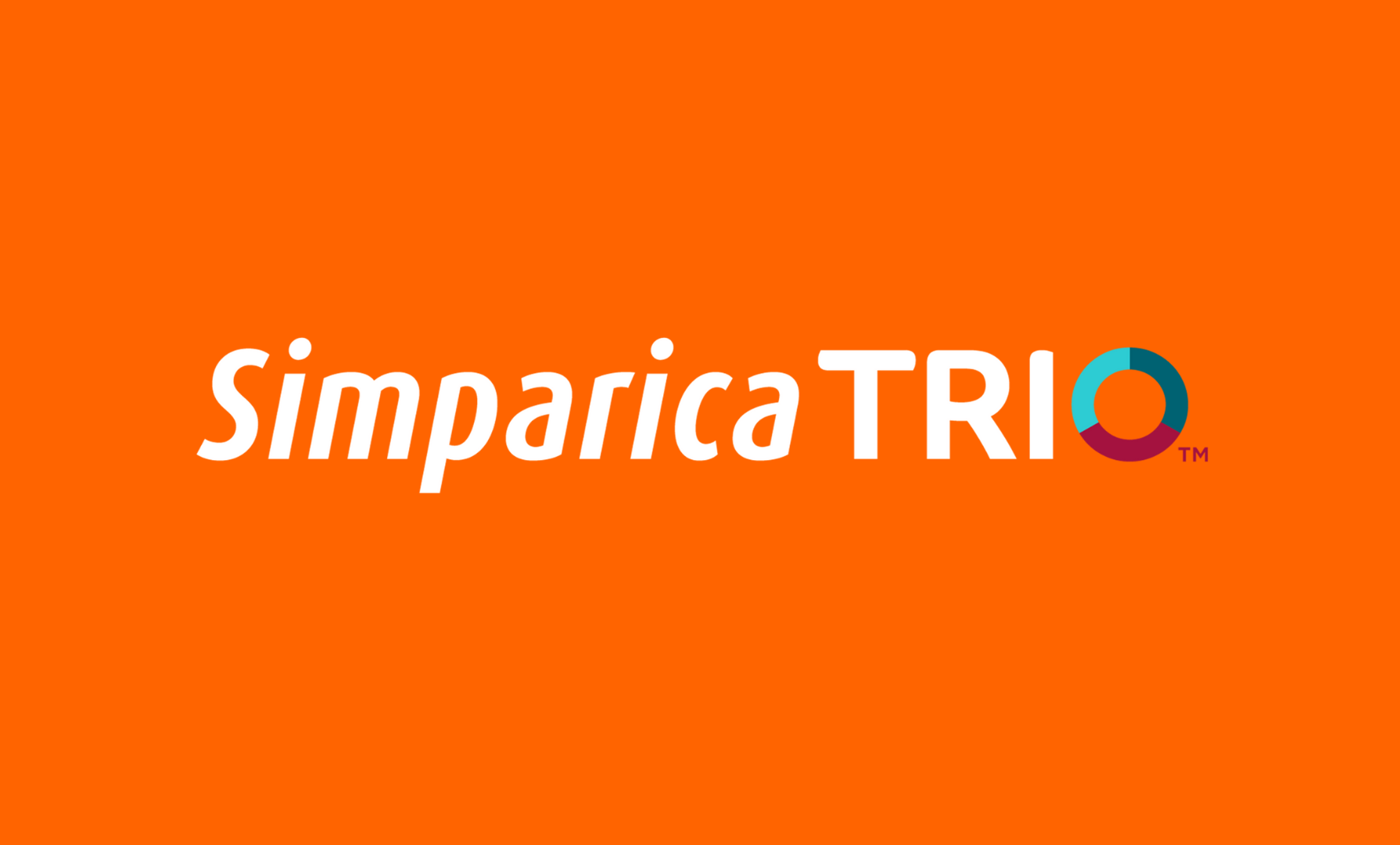 Simparica TRIO logo on orange background, white text and a stylized circle with three colored sections.