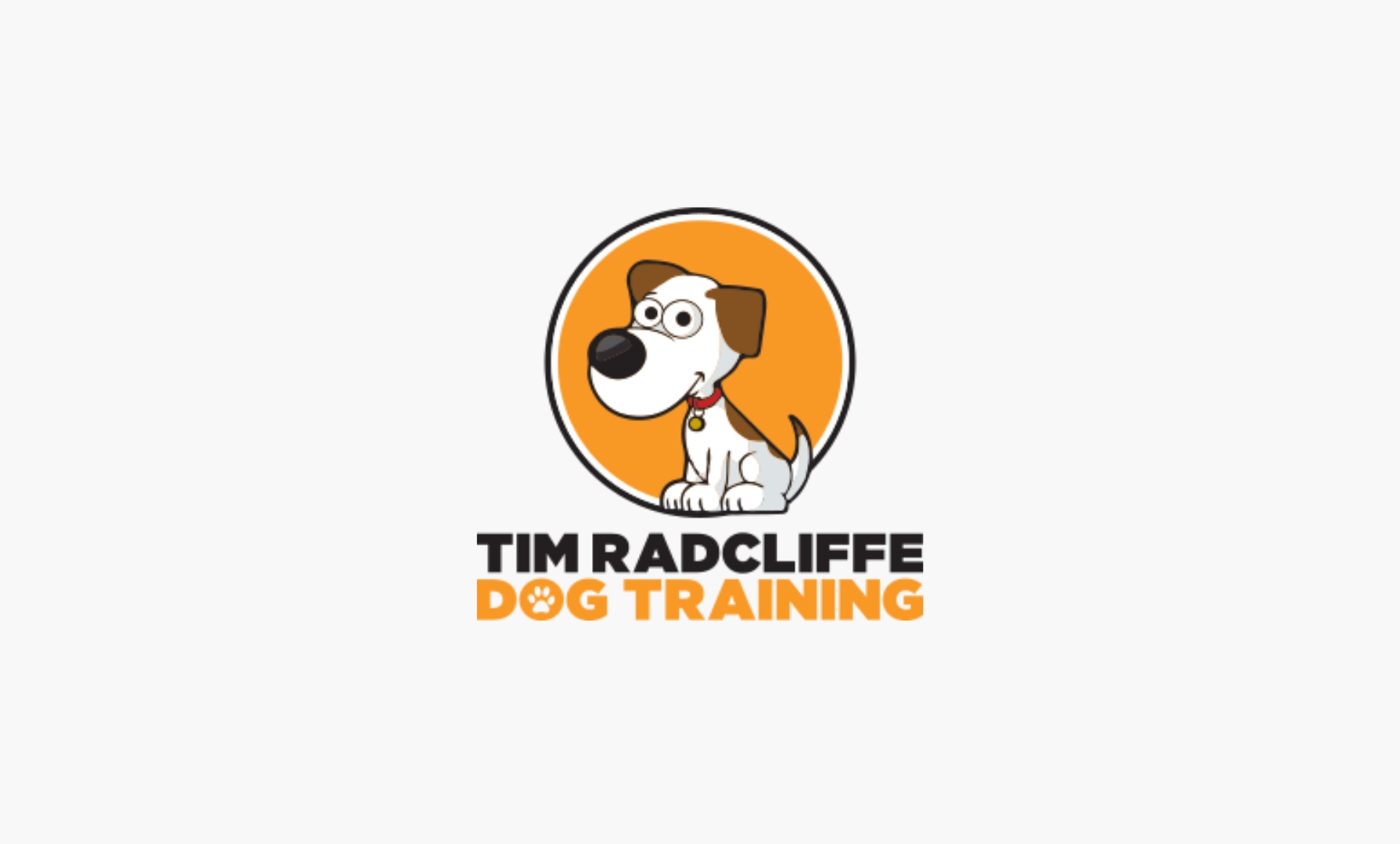 Logo for Tim Radcliffe Dog Training: Cartoon dog within orange circle, text below.