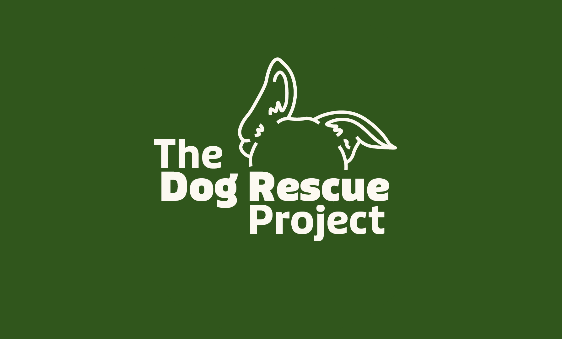 Logo for The Dog Rescue Project: White dog silhouette above white text on a green background.