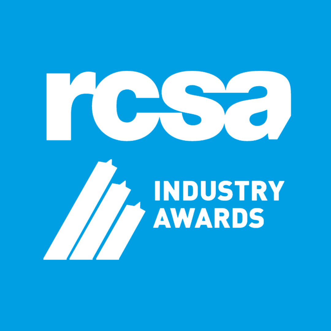 RCSA Industry Awards logo with white text on a blue background. The logo includes 
