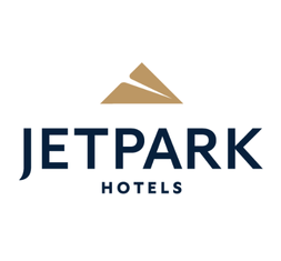 Jetpark Hotels logo: blue text with gold triangle and