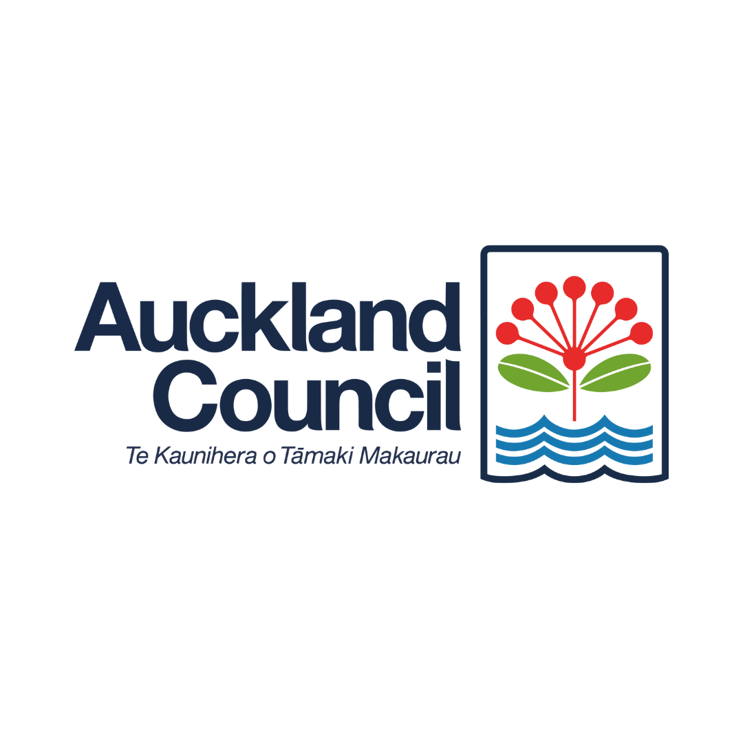Auckland Council logo: blue text with Māori text below and a graphic of a flower over wavy lines.