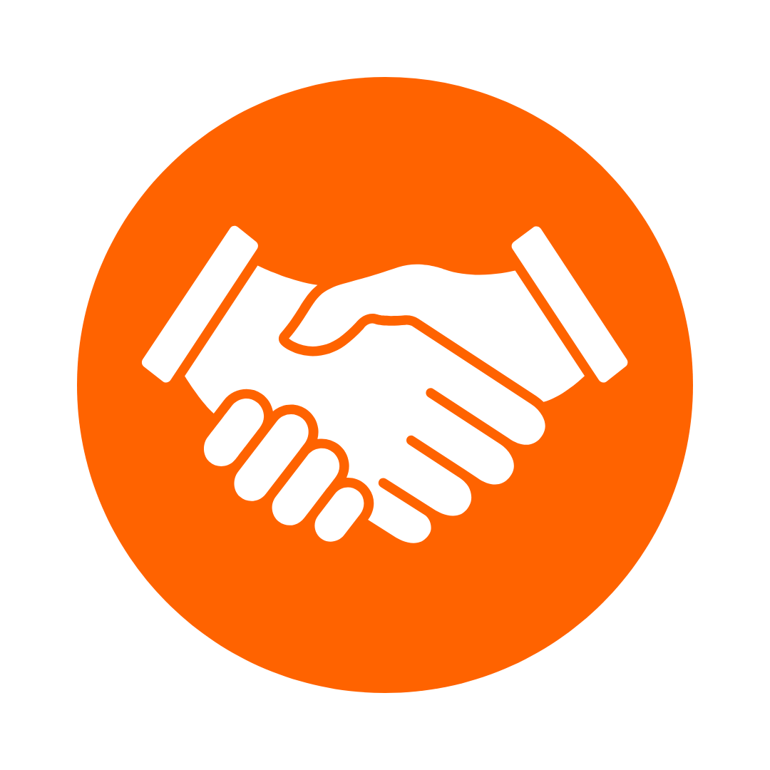 Handshake icon, white on orange circle, symbolizing agreement or partnership.