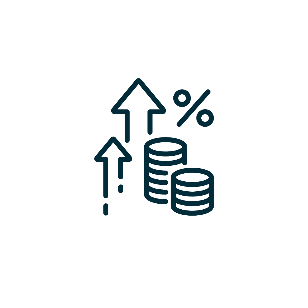 Stacks of coins with upward arrows and a percentage sign, indicating financial growth.