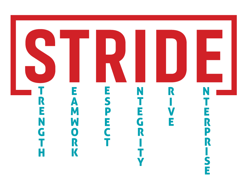 Red and white STRIDE logo. Values represented by each letter: Strength, Teamwork, Respect, Integrity, Drive, Enterprise.