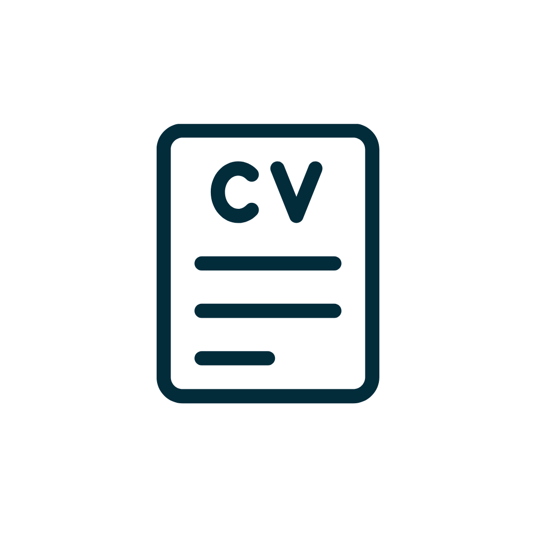 CV document icon. Text: CV. Lines indicate document content.
