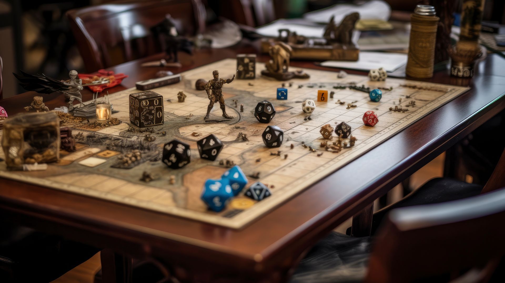 D&D miniatures and dice on tabletop.