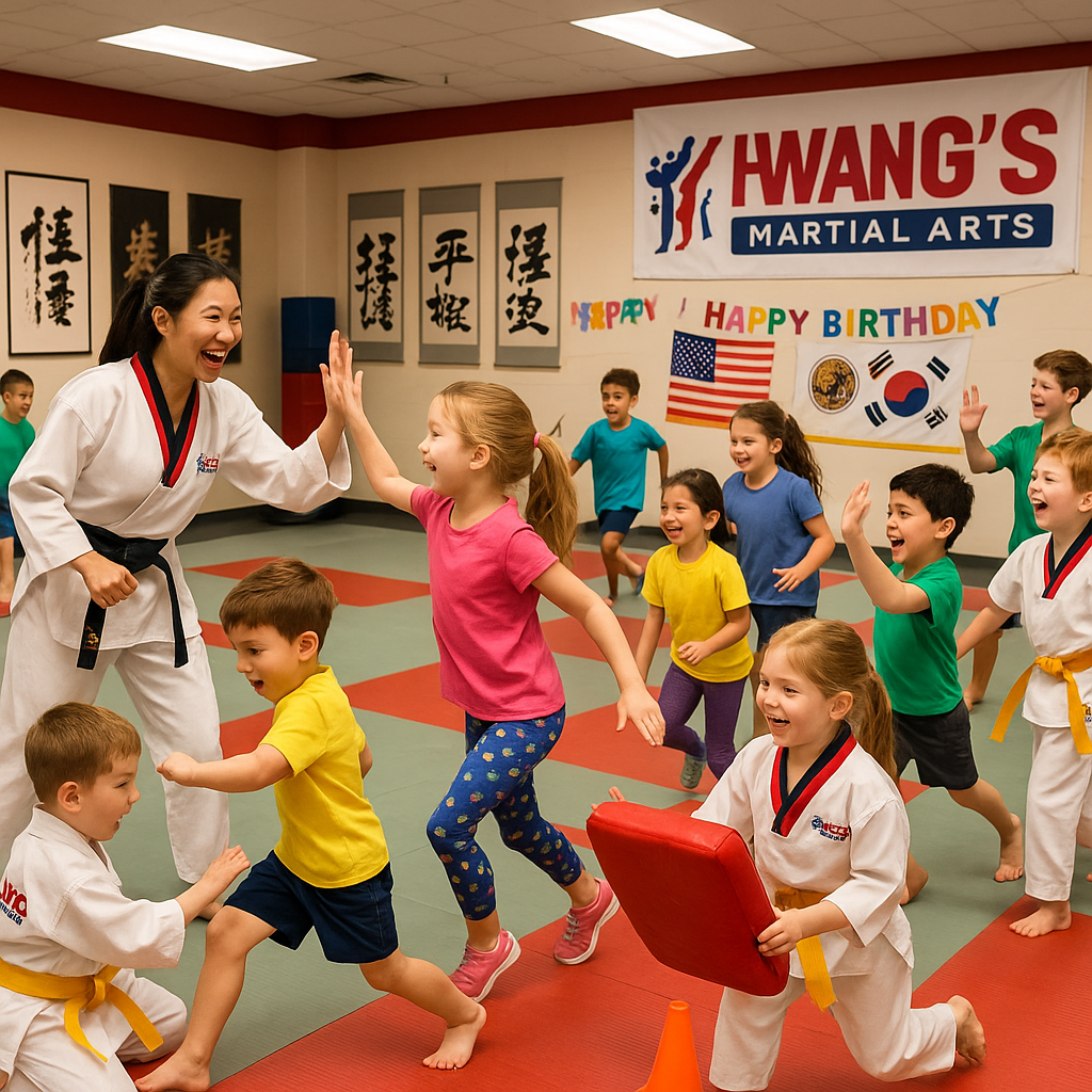 A young boy is wearing a white karate uniform and a purple belt.