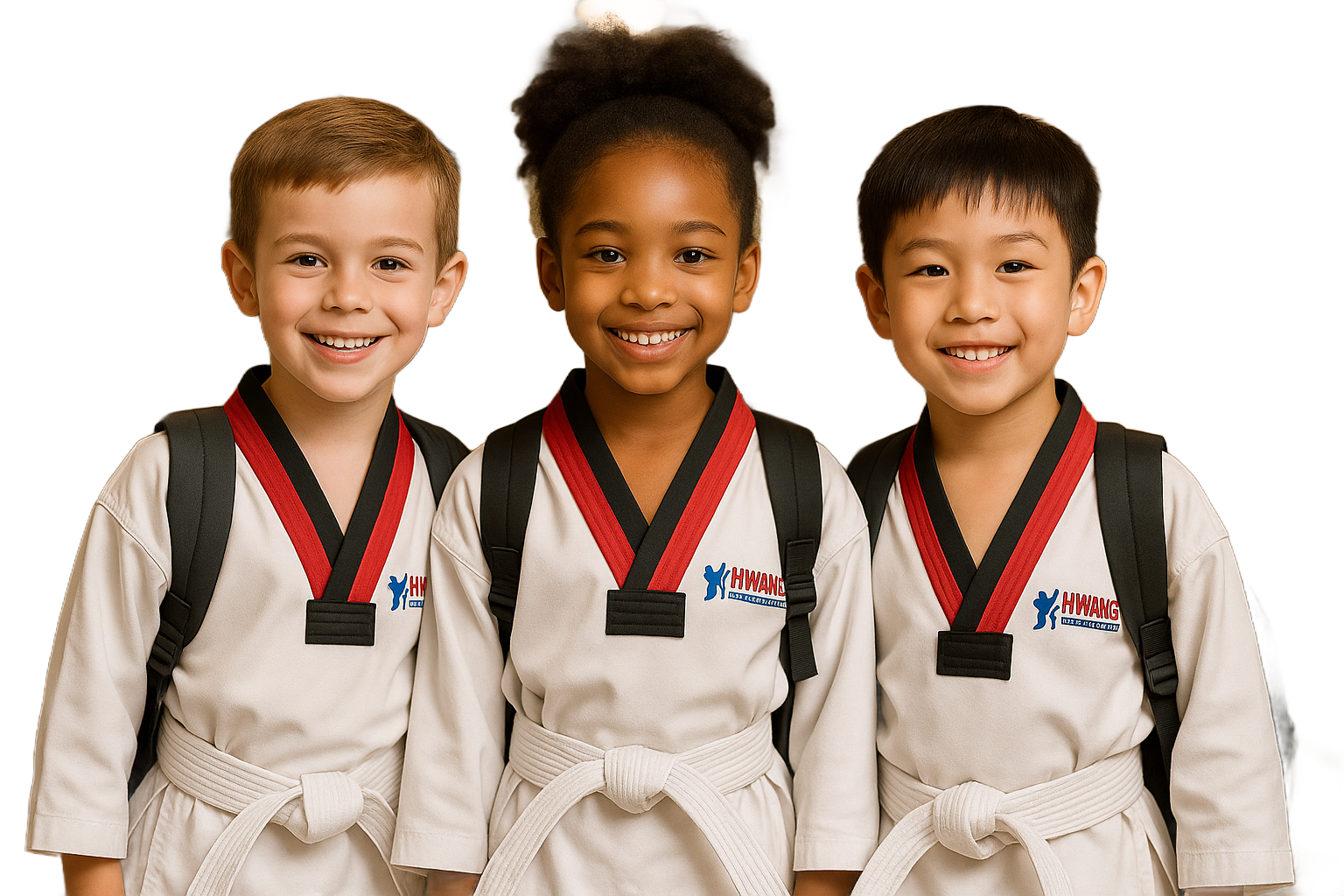 Three children in karate uniforms are sitting on the floor and giving a thumbs up.