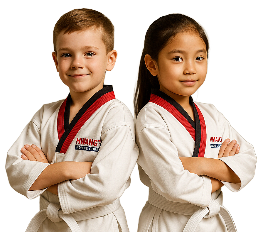 Three children in karate uniforms are sitting on the floor and giving a thumbs up.