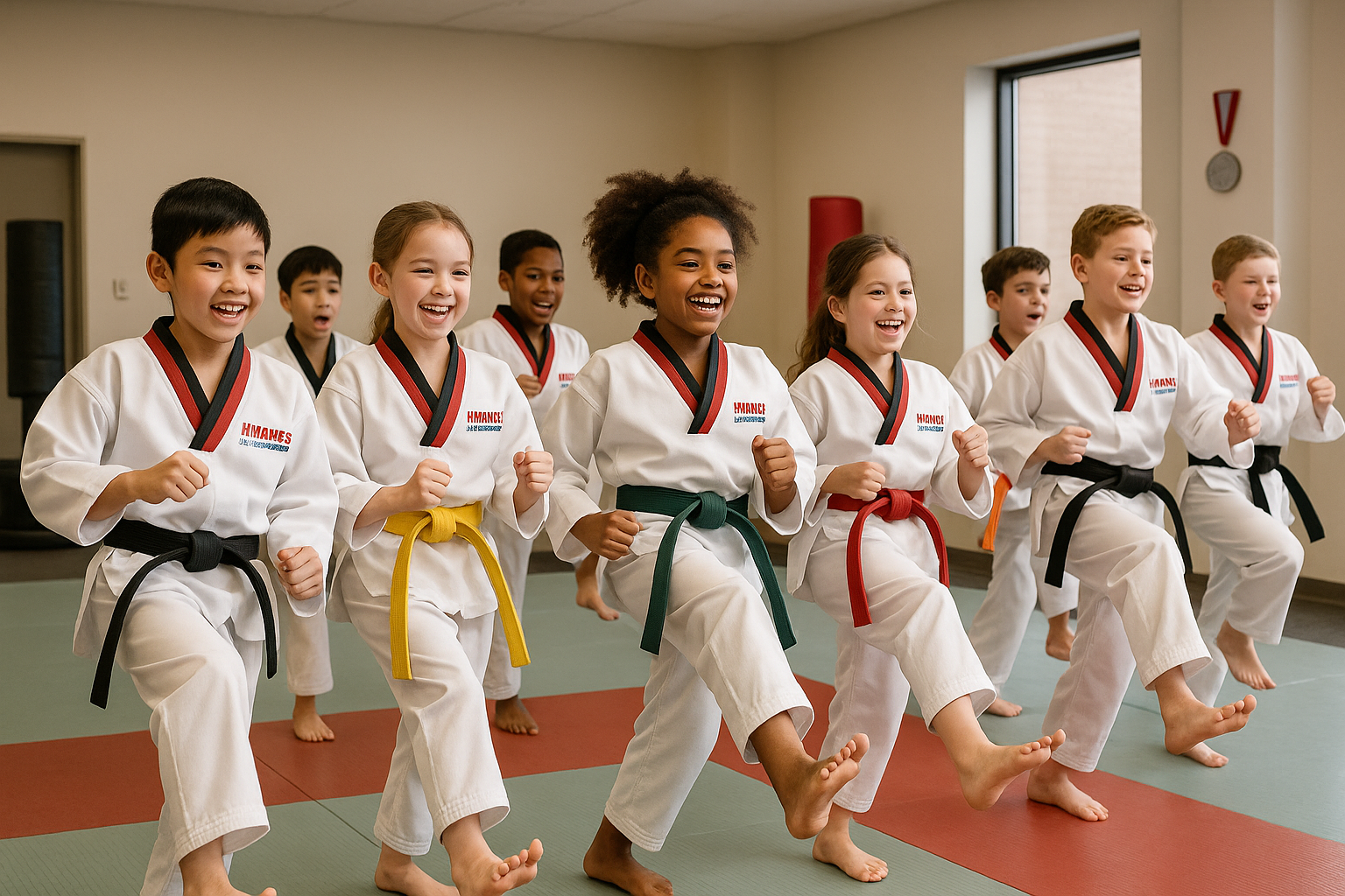 Children in karate uniforms practicing kicks in a Hwangs's Studio.