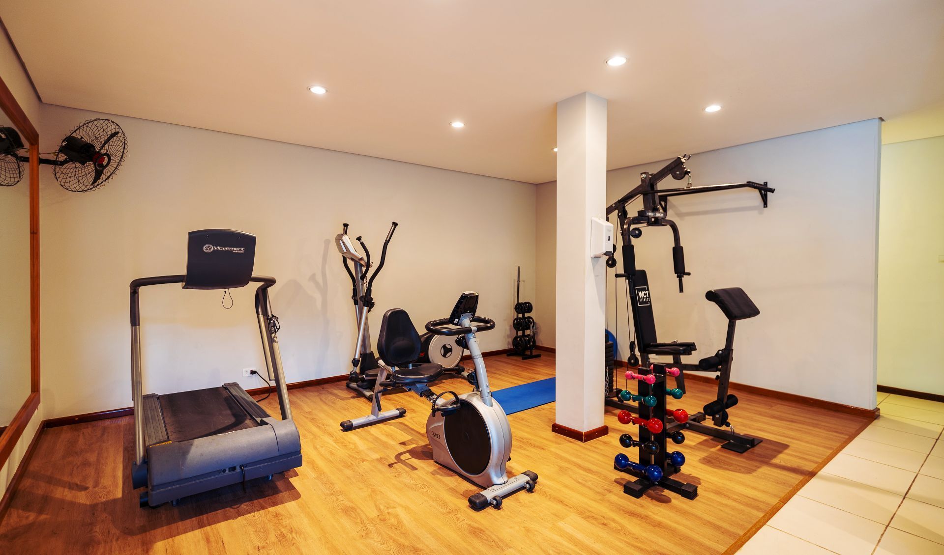 Uma academia em casa com esteira, bicicleta ergométrica, elíptico, máquina de musculação e halteres em um piso que imita madeira.