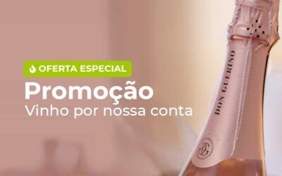 Uma garrafa de vinho rosé espumante Don Guerino com texto promocional em português oferecendo vinho grátis.