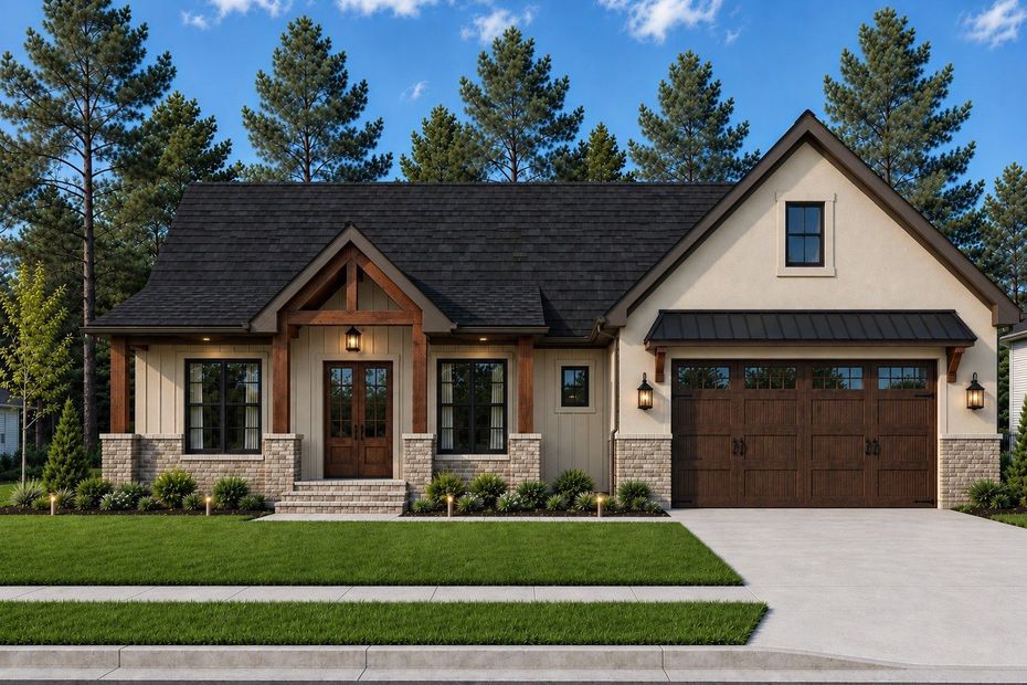 Suburban single-story house with stone and wood exterior, dark roof, garage, and manicured lawn.