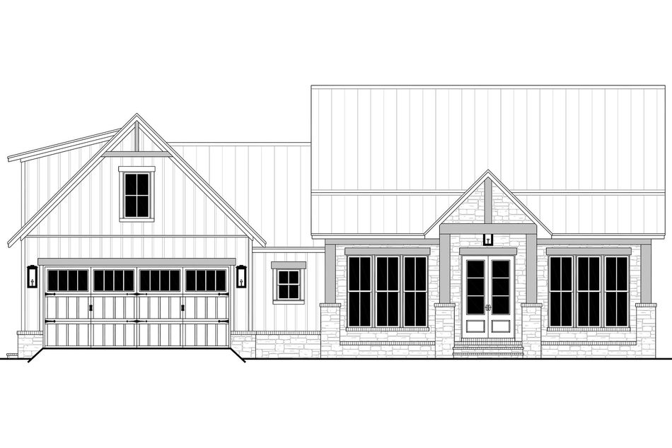 Architectural elevation of a house with garage, front porch, and gabled roof.