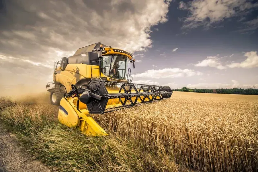 Yellow combine harvester cutting wheat in a field under a cloudy sky — Bundaberg Field Service in Woodgate, QLD