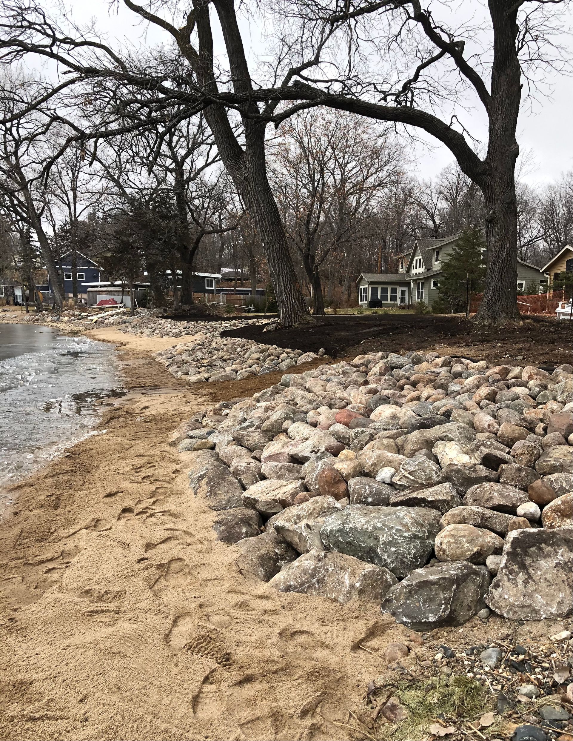 Rocky shoreline with sandy beach, large leafless trees, and houses along a gray waterfront.