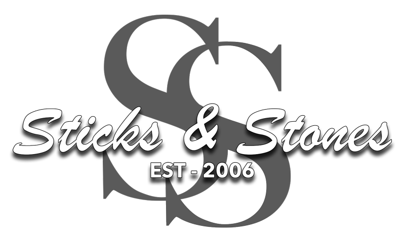 Stylized black and white &ldquo;Sticks & Stones&rdquo; logo with EST. 2006 and interlocking S letters