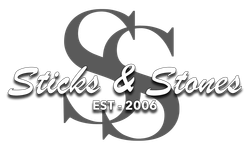 Stylized black and white “Sticks & Stones” logo with EST. 2006 and interlocking S letters