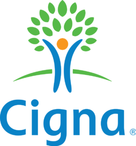 Cigna logo with green tree, blue figure, orange sun, and blue wordmark