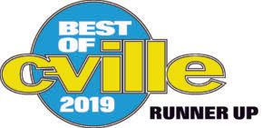 Best of CVille 2019 runner-up badge in blue, yellow, and black