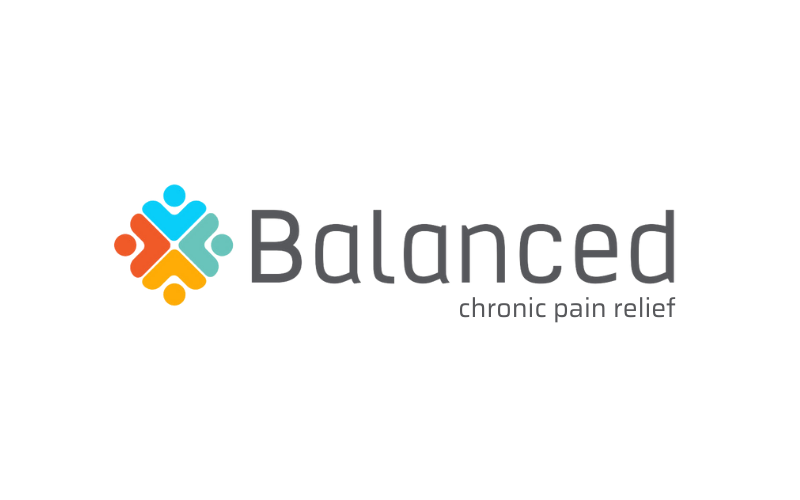 Balanced logo with colorful icon and gray text, plus tagline “chronic pain relief”